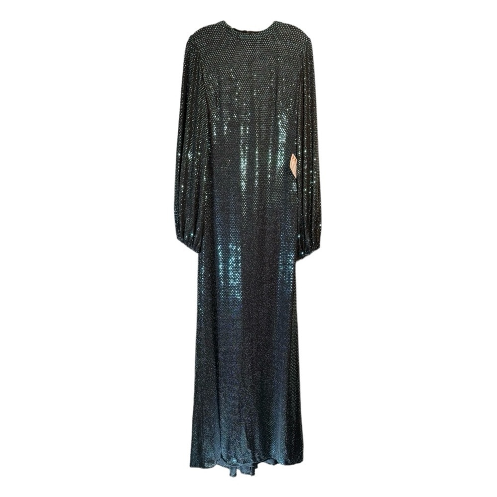leena for Mac Duggal Bishop Sleeves Metallic Dress in Bottle Green NWT - Picture 2 of 7